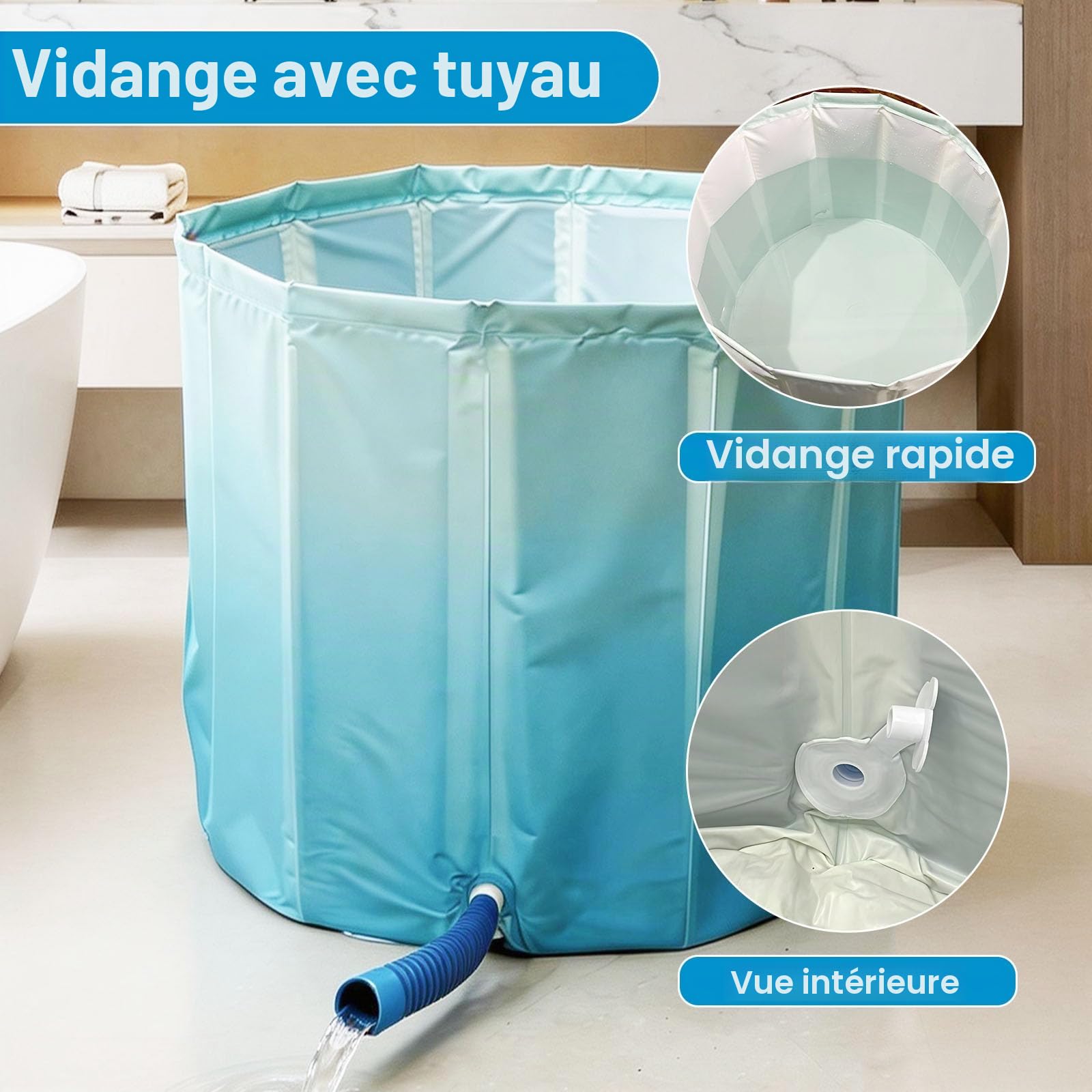 Baignoire Pliante 70×65 cm pour Adulte – Bain Portable Profond pour Eau Chaude et Froide, Tuyau de Vidange et Coussin de Siège, Baignoire Pliable Gain de Place pour Petit Espace