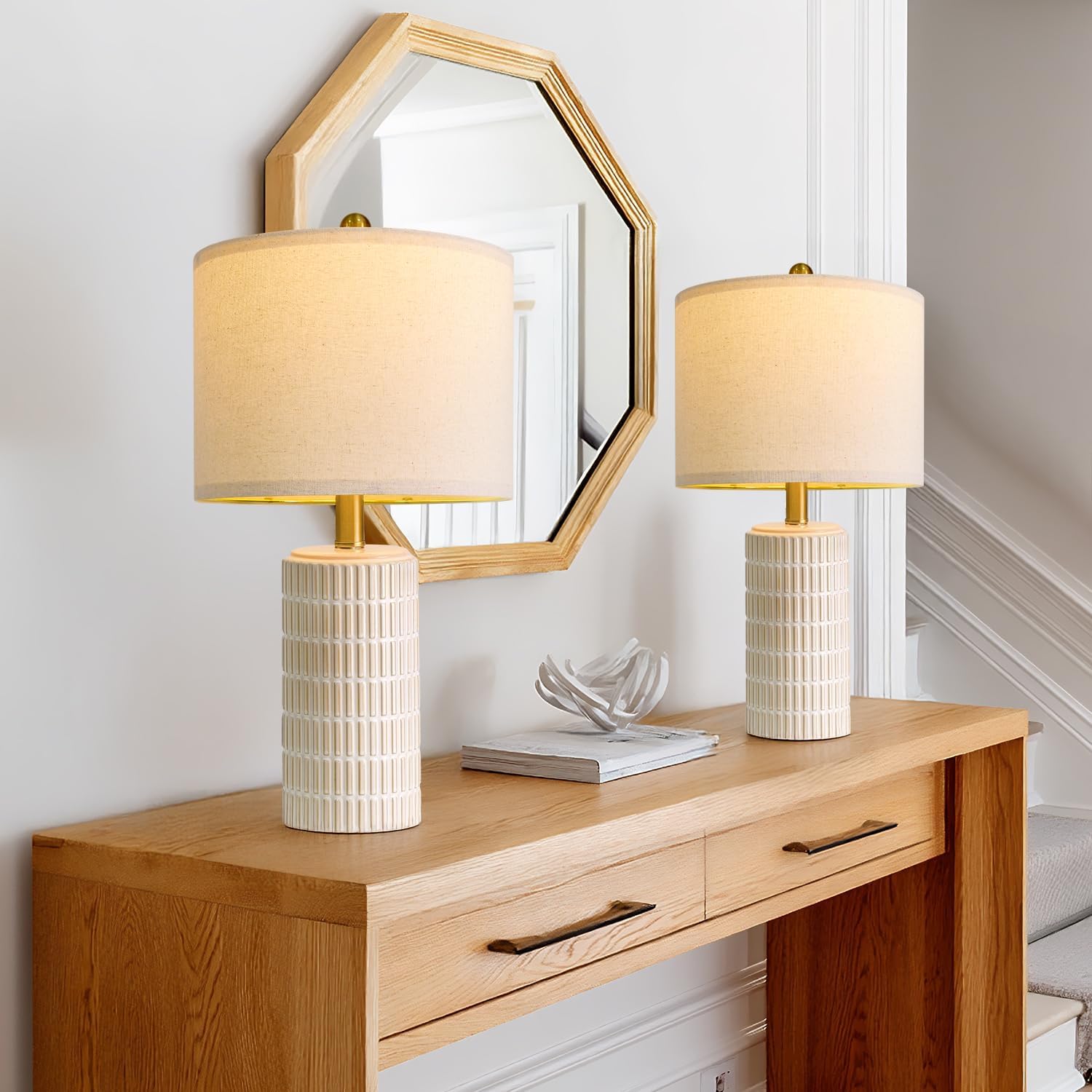 PoKat 20.75" Small Modern Ceramic Table Lamps Set of 2 for Bedroom, White Bedside Lamps for Night Stands, Farmhouse Desk Decor Nightstand Table Lamps for Living Room End Table Beige Beige and White - 20.75‘’ Small Lamps