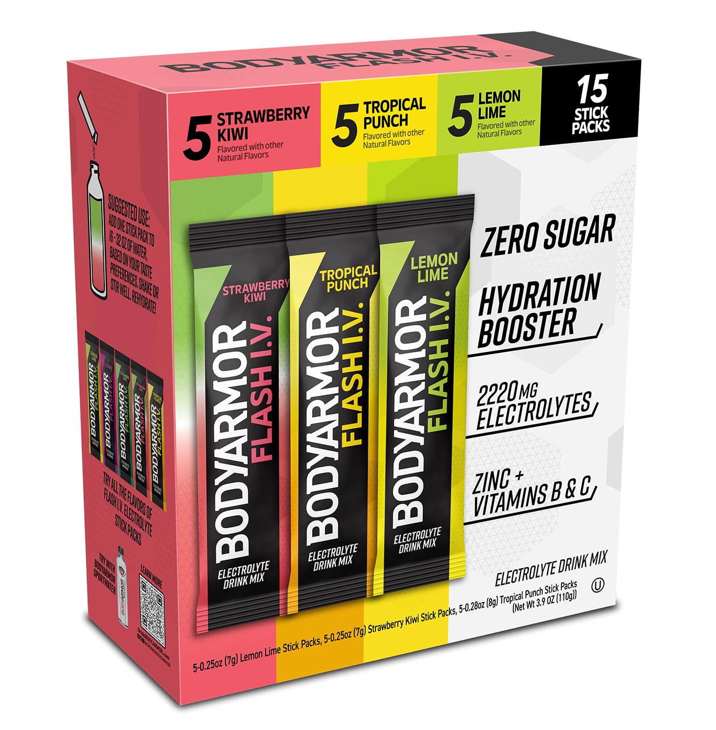 BODYARMOR Flash IV Electrolyte Packets, Strawberry Kiwi, Lemon Lime, & Tropical Punch Variety Pack –