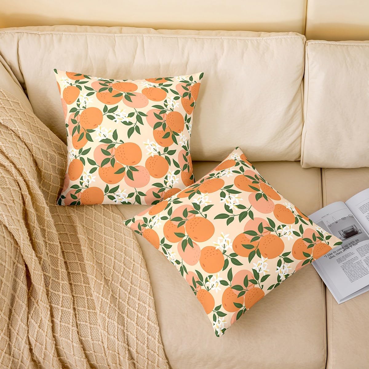 Feelyou Cartoon Orange Throw Pillow Covers Fresh Oranges Pillow Covers for Home Sofa Bed Couch for Kids Boys Girls Cartoon Citrus Fruit Cushion Covers Fruit Style Pillowcases, 18X18 Inches Set of 4
