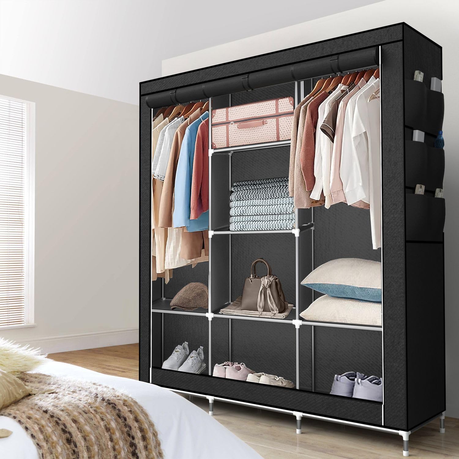 INTIRILIFE Faltschrank 130x175x45 cm in Raben SCHWARZ - mit Reißverschluss Stoffschrank Kleiderschrank mit Kleiderstange, Fächern und Seitentasche - Camping Steckschrank Textil Garderobe