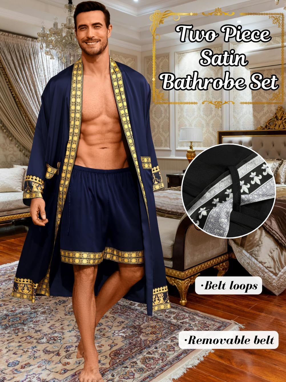 Men's Luxury Silky Robe & Shorts Set, 2PC Lightweight Satin Pajamas with Pockets, Opulent Baroque Kimono Gifts - Image 2
