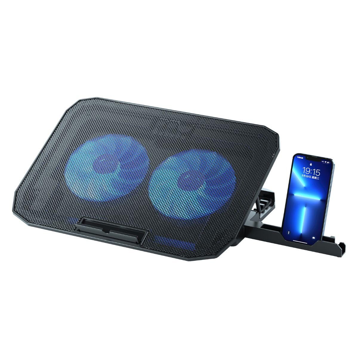NK Portable Cooler Base – 12-17 Inch Laptop Fan with Adjustable Stand 5 Heights, 2 Quiet Fans, 2 USB Ports, Fast Cooling, Blue LED Light – Black