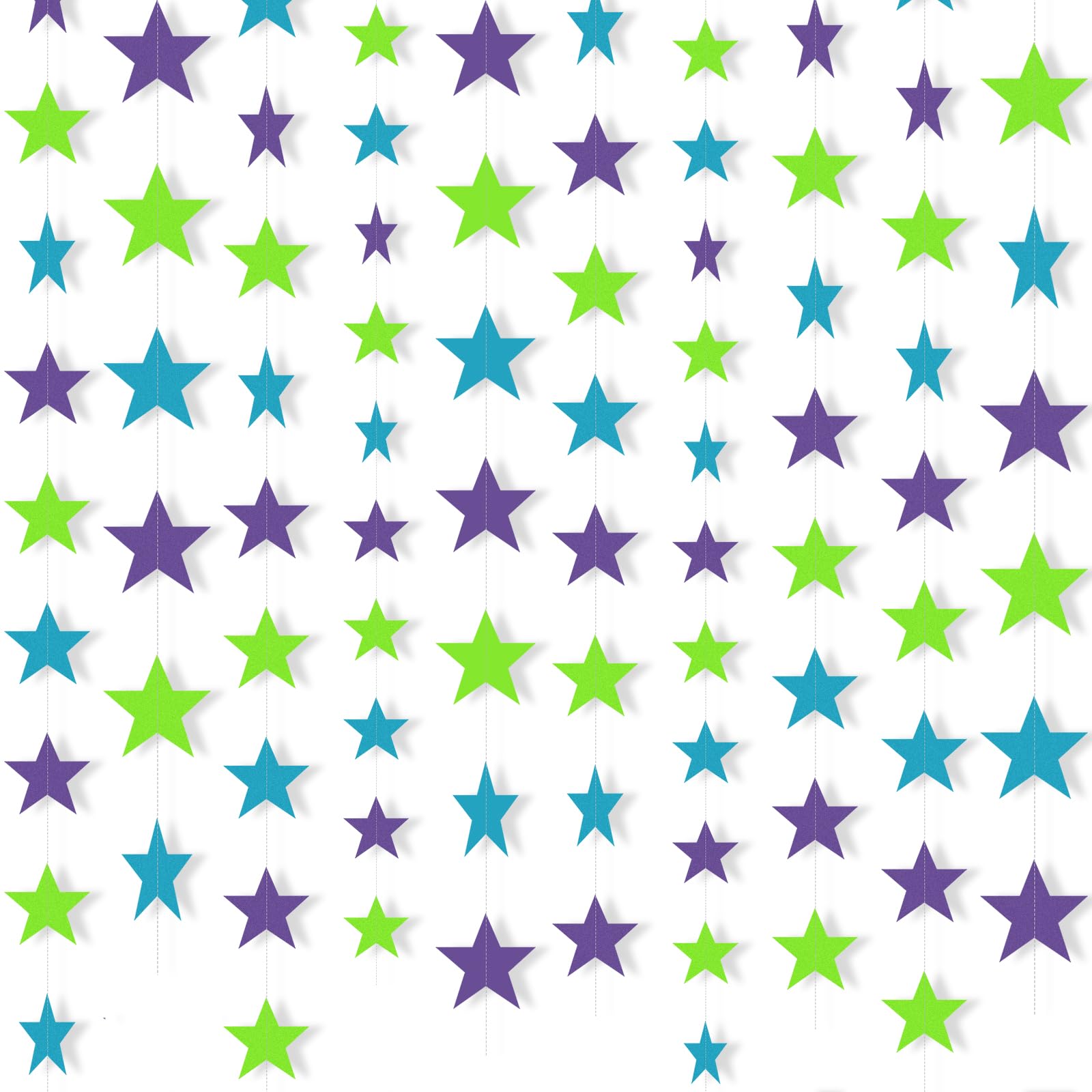Patelai Glitter Star Garland Banner Christmas Decor 130 Feet Star Hanging Banner Twinkle Backdrop for Homecoming Classroom Wedding Birthday Halloween Party Supplies (Dark Purple, Fluorescent, Green)