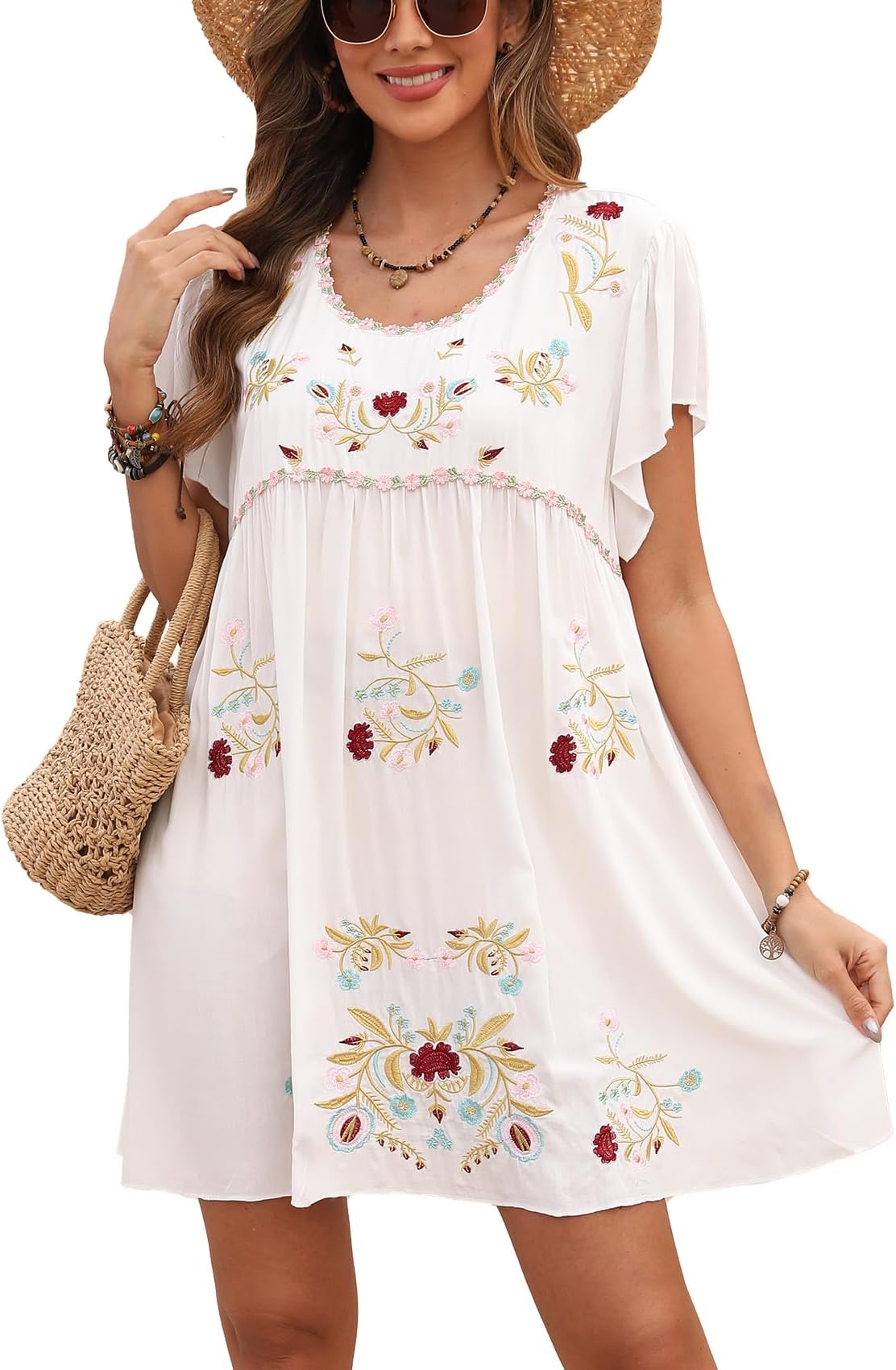 HigustarBoho Floral Embroidered Dress for Women Summer Traditional Fiesta Ruffle Sleeve Mexican Style Short Dresses