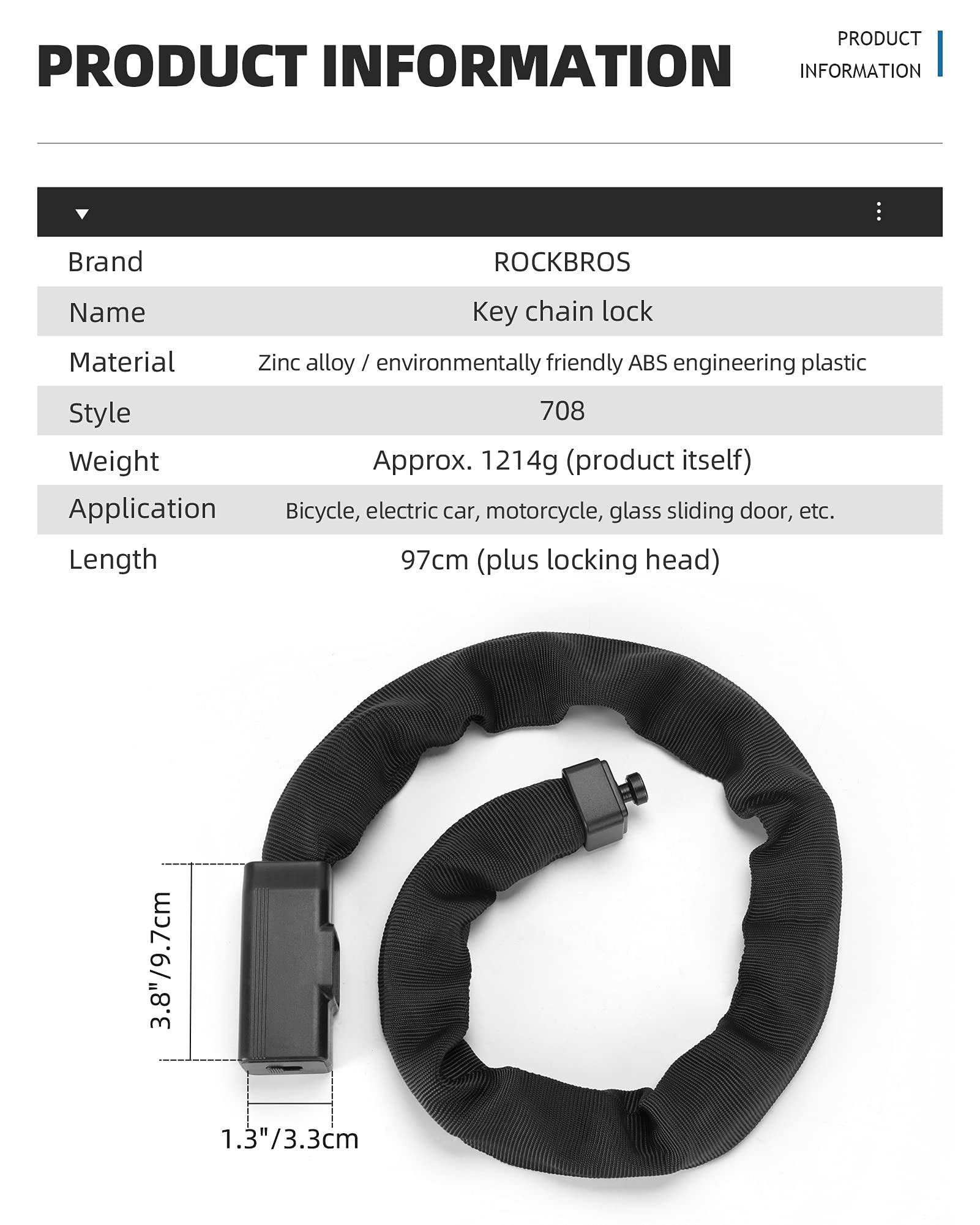 ROCKBROS Lucchetto a catena per bicicletta, 1 m, resistente, 8 mm di spessore, antifurto con 2 chiavi, per mountain bike, bici elettrica, moto, scooter, porta, cancelli