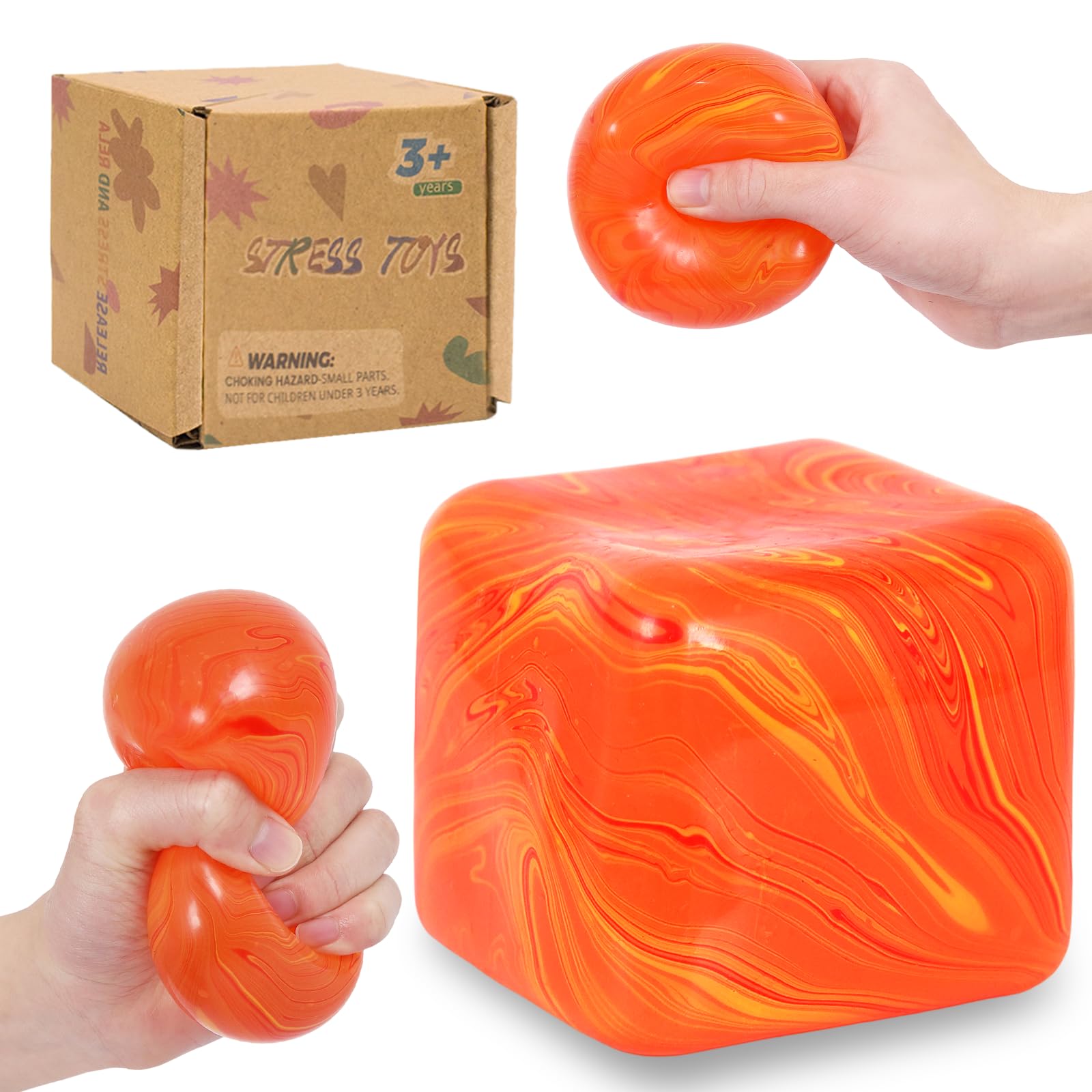 Zanyblox Squeeze Toys Squishy Cubes – 1.97in Marbled Squishy Cube Stress Ball for Autism, Durable Flow Pattern Squeeze Toy for Adults and Children Age 3+ (Orange)