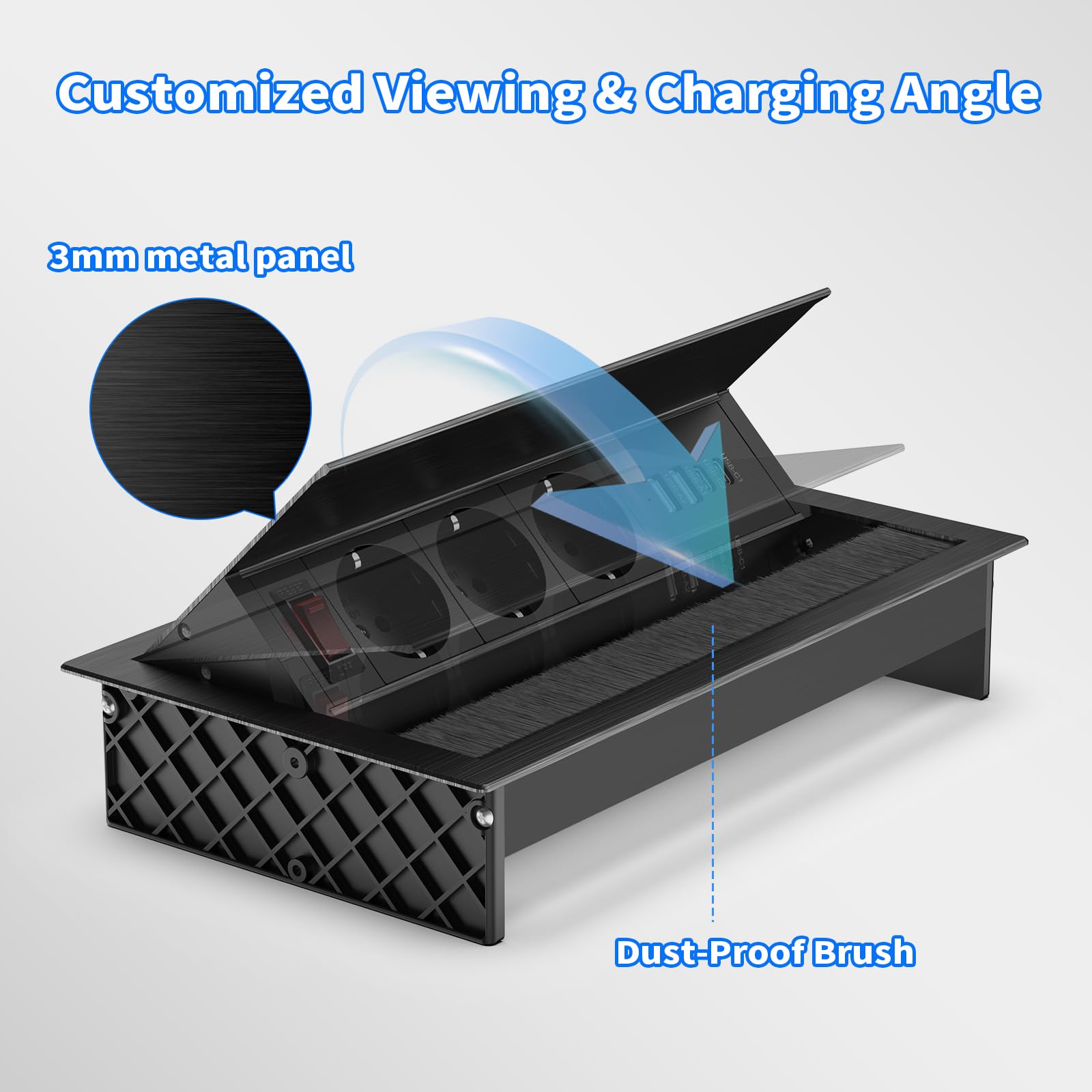 Alu Einbausteckdose 3-fach Mit USB-C & USB-A - 30W PD Versenkbar Für Schreibtisch