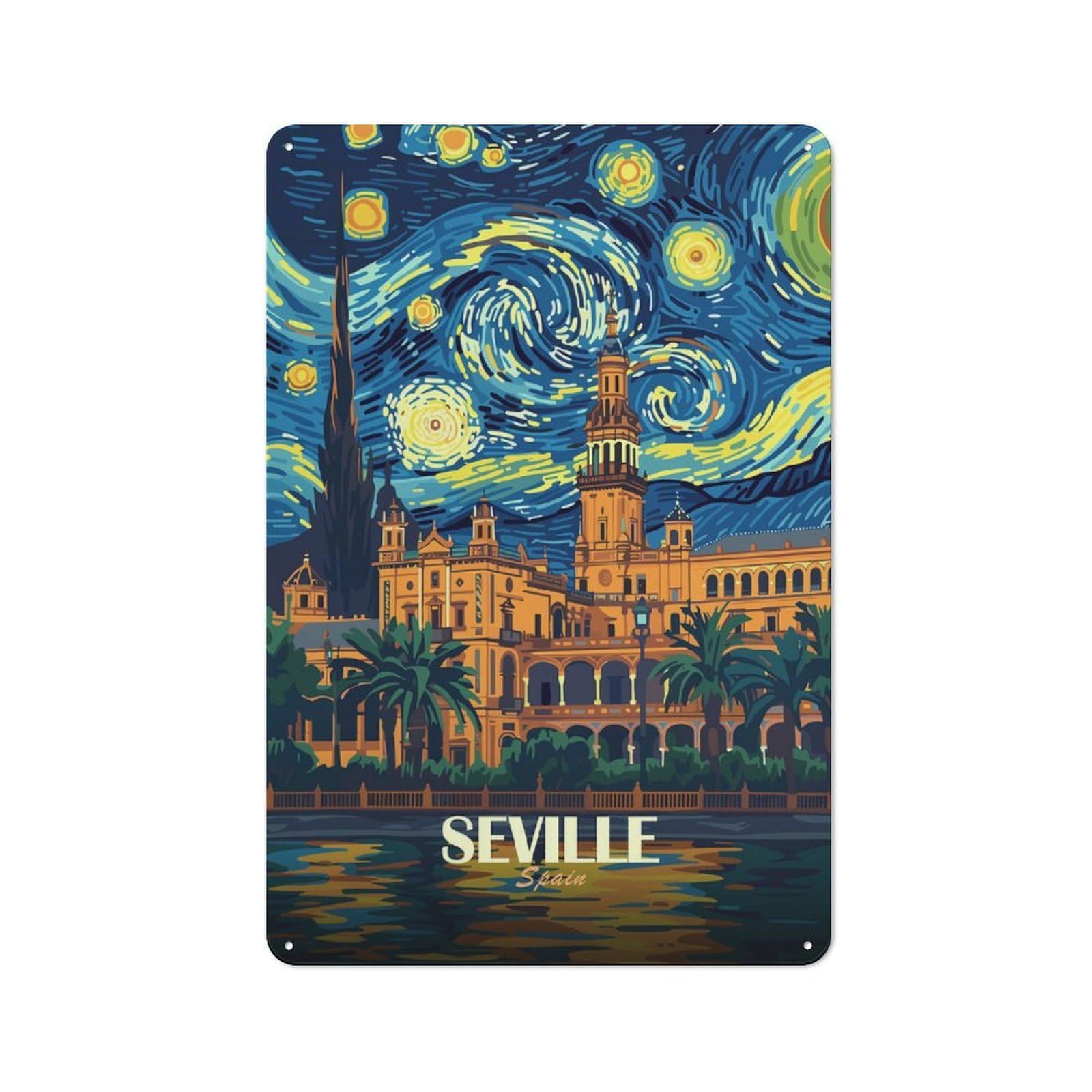 Junmoney Style-9 Seville, Spain, Starry Night Style Vintage Metal Wall Decor 30X20cm, Tin Sign For Cafe, Pub, Workshop Or Home Bar, Small Accent For Blank Walls