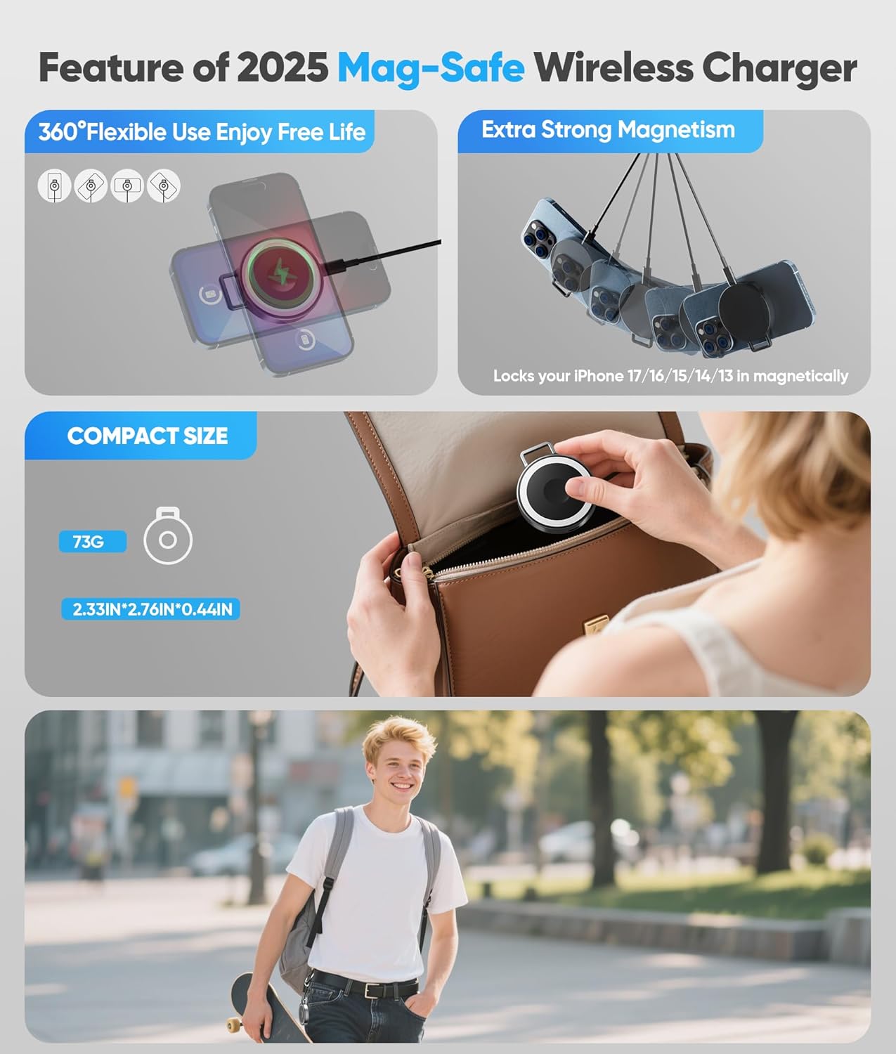 Mini Replacement for Mag-Safe Charger Pad for Apple, 3 in 1 Magnetic Wireless Charging Station,15W Fast for MagSafe Charger Travel for iPhone 17/16/15/14/13,for Apple Watch,for AirPods