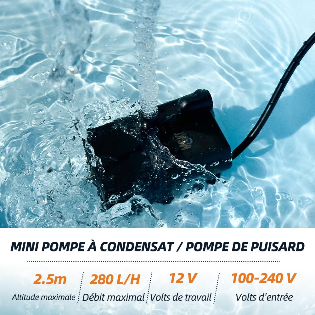 Petite pompe de puisard automatique avec capteur d'eau, élévation de 2,5 m, 280 L/h, 115V/230V mini pompe à condensats avec interrupteur à flotteur pour déshumidificateur, climatiseur, sous-sol