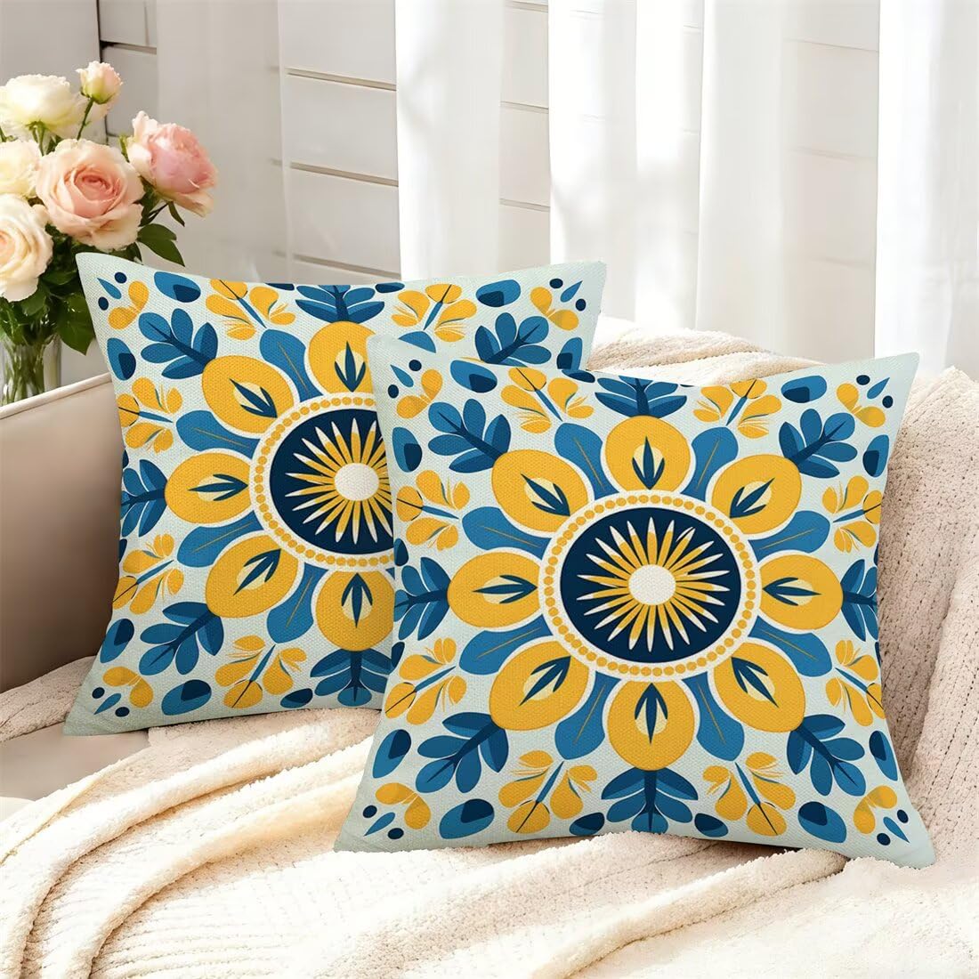 Wangllpgy Blue Yellow Cushion Covers 55Cm X 55Cm Set Of 2 Throw Pillow Covers Artistic Flowers Pillow Cases Autumn Sofa Cushions Decorative Pillows With Invisible Zipper For Bedroom Living Room Garden -Gy464
