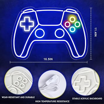 Ethlomoer Game Neon Sign, Gamepad Shaped Gaming Neon Light Sign, USB Powered Led Sign, Gamer Gifts, Neon Signs for Wall Decor, Kids Game Room, Boys Bedroom, Wall Art Decoration