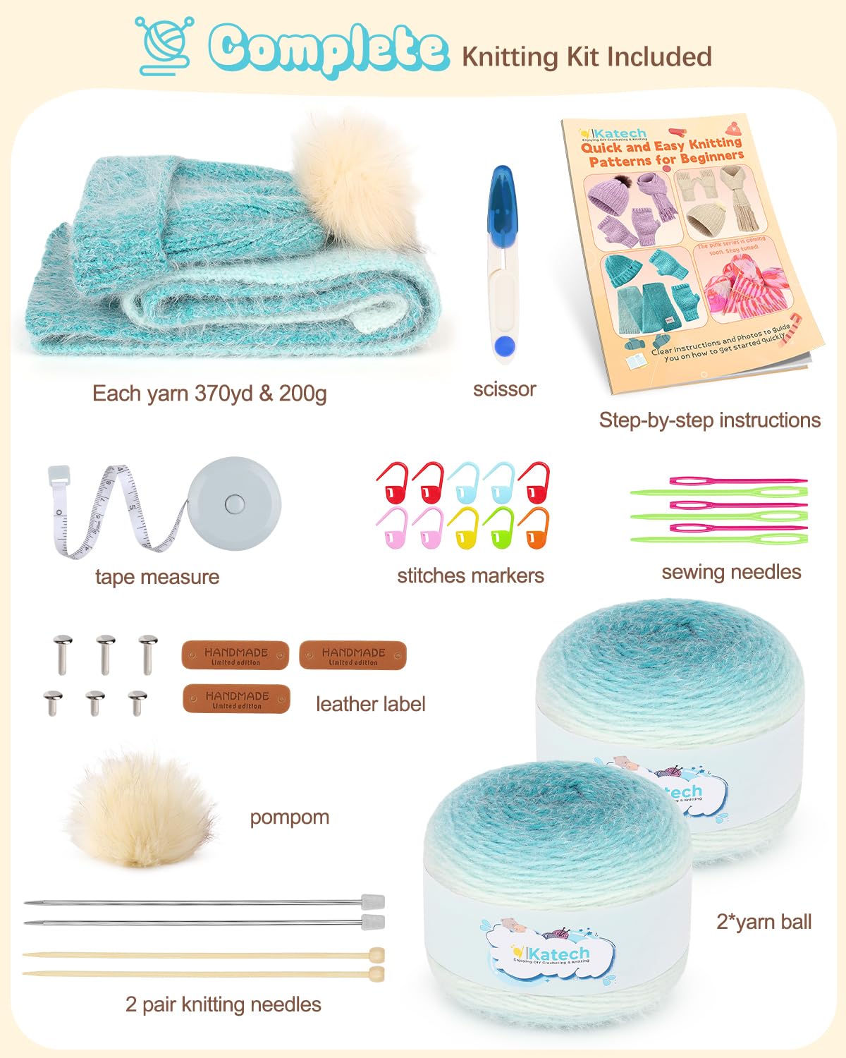 Katech Strickset für Anfänger, Erwachsene, Kinder, Anfänger, Strickset | Komplettes Strickset für Mütze, Schal, Handschuhe, mit Schritt-für-Schritt-Video-Tutorials, ideales Geschenk