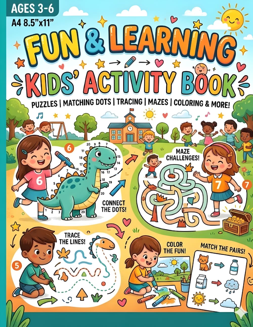 Fun & Learning Kids’ Activity Book: Ages 3–6 | Puzzles, Tracing, Mazes, Coloring & Early Learning Fun!