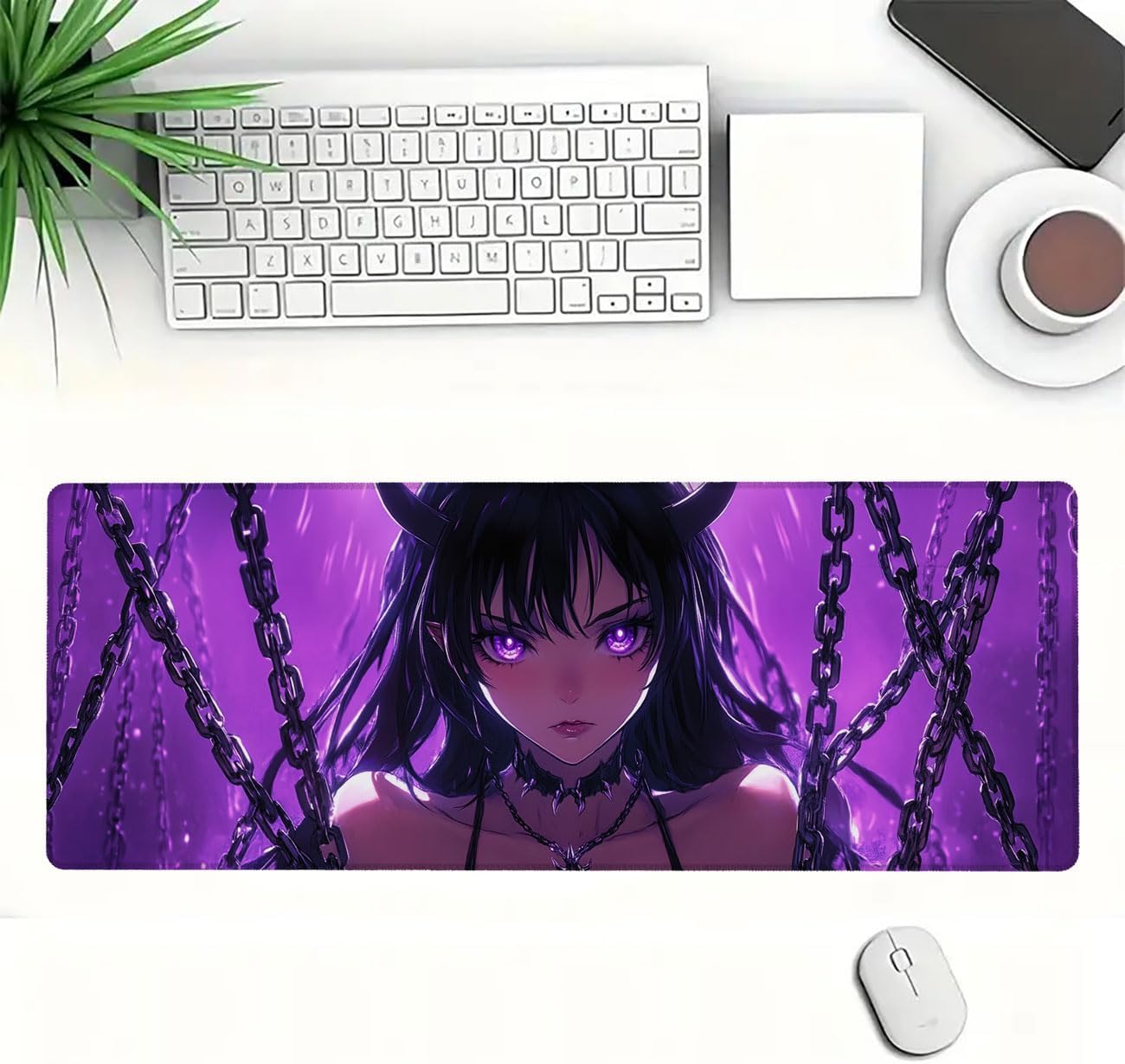 Anime Girl Desk Mat Cool Purple Aesthetic Dark Fantasy Gaming Mouse Pad Mat with Stitched Edge Non-Slip Base Big Mouse Pad Office Computer Keyboard Laptop Home, 31.5x11.8 Inch - Image 2