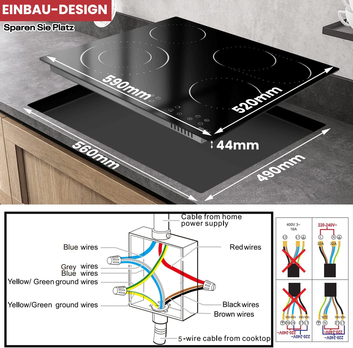 Glaskeramikkochfeld 4 Platten 60 cm 6600W Sensor-touch Control Doppelzone Ovale Zone 9 Leistungsstufe Kindersicherung Timer Einbau