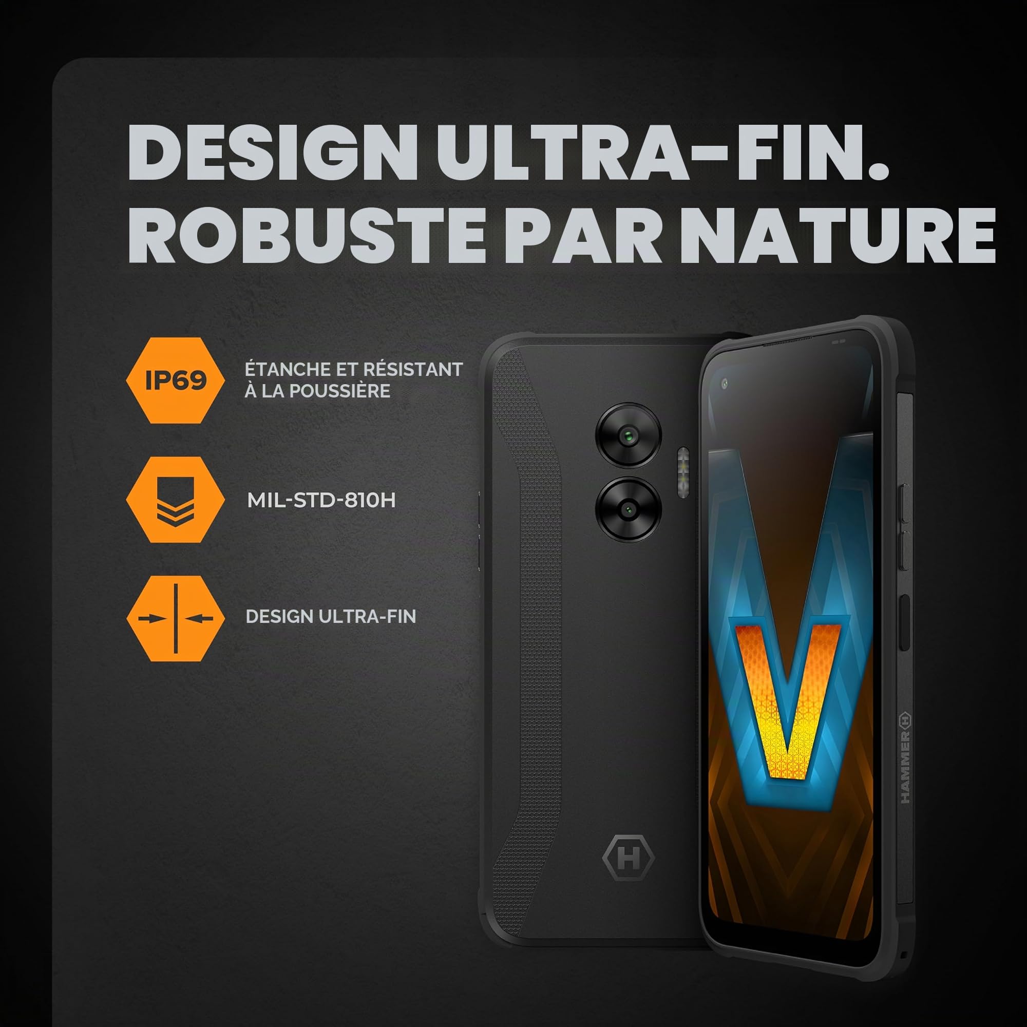 Robuste Smartphone blindé Hammer Blade V 5G étanche Grande Batterie 5000mah eSim caméra IP69 50mpx écran Clair 6.59 HD+ Volte et VoWiFi Lecteur 256GB