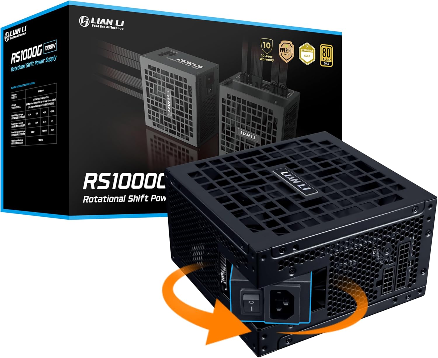 Lian Li RS1000G 1000W ATX 3.1 Power Supply (Rotational Shift 90° AC Inlet) Without USB Fan Hub, 80 Plus Gold, PCIe 5.1 Ready, Native 12V-2x6 Cable, Fully Modular, 10-Year Warranty, Black (RS1000G.B)