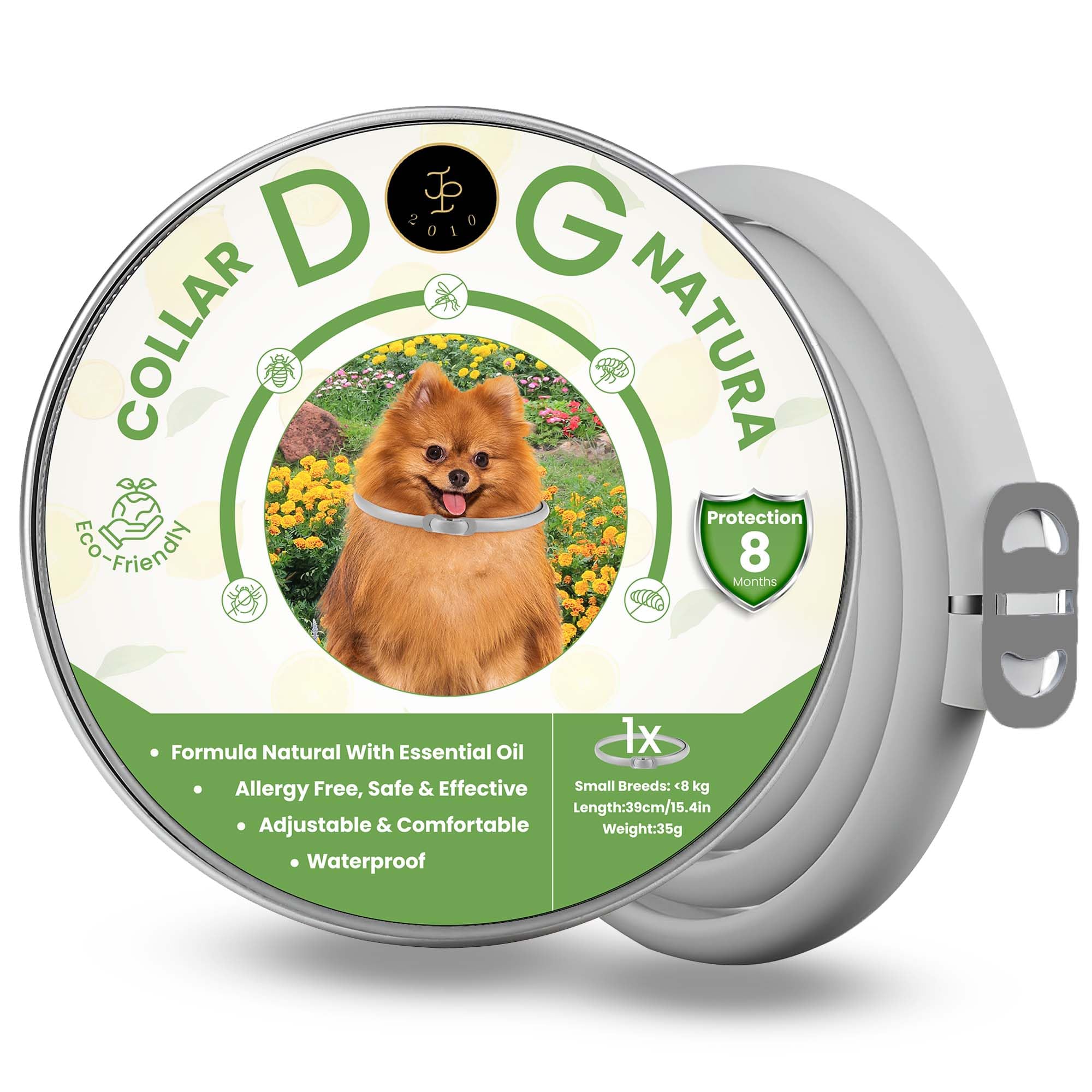 Collar Antiparasitario para Perros De Raza Pequeña, A Base De Aceites Esenciales 100% De Efecto Repelente. 8 Meses De Protección contra Pulgas, Garrapatas y Mosquitos. (Raza Pequeña)