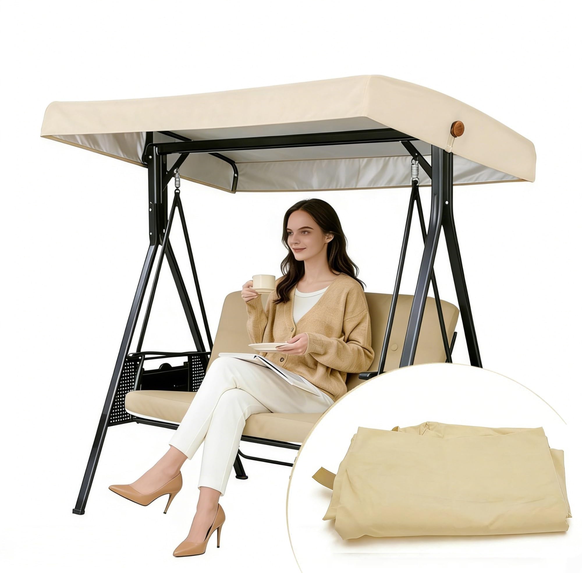 WFXXZL Outdoor Swing Cover 2 3 Triple Seater, Garden swing canopy outside Swing Canopy Replacement Top cover for Porch Patio Hammock Seat(Khaki)