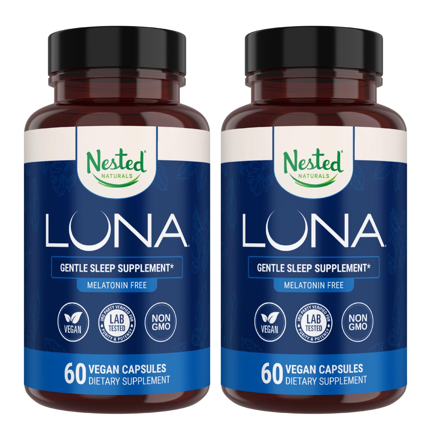 Nested Naturals Luna Melatonin-Free Pack of Two, Bedtime Supplement for Adults, Herbal Nighttime Sleeping Capsule, Valerian Root with Chamomile, Lemon Balm, Non-GMO, Gluten-Free
