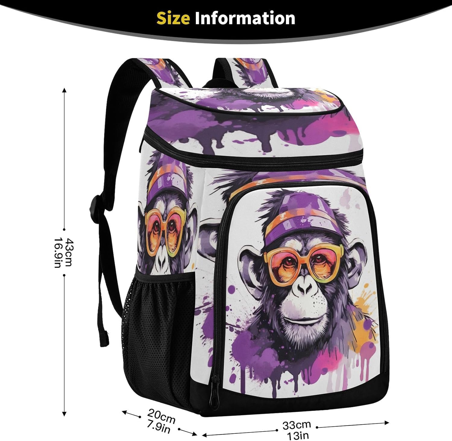 Purple Monkey Sunglasses Cooler Backpack 36 Cans Leakproof Waterproof Backpack Cooler Bag Beach Accessories for Women and Men Travel Camping Fishing Backpack