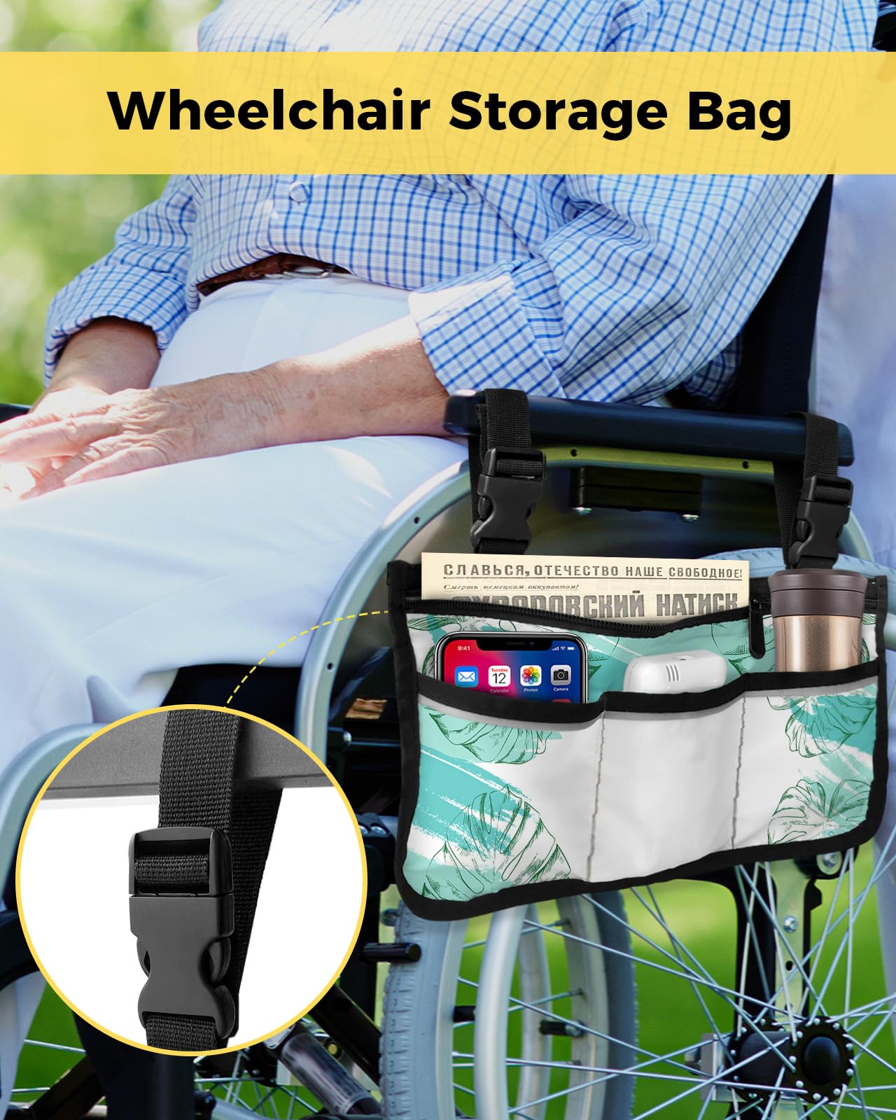 Teal Palm Leaves Wheelchair Side Bag Walker Bag, Tropical Drawn Leaf Wheelchair Accessories Armrest Pouch, Organizer Storage Bag for Walkers, Rollators, Scooters, 7.3''x13''