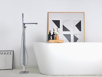 Floor Mount Bathtub Faucet Freestanding Tub Filler Standing High Flow Shower Faucets Mixer Tap, Swivel Square Spout with Square Handheld | Modern Design Tub Filler Faucet Chrome