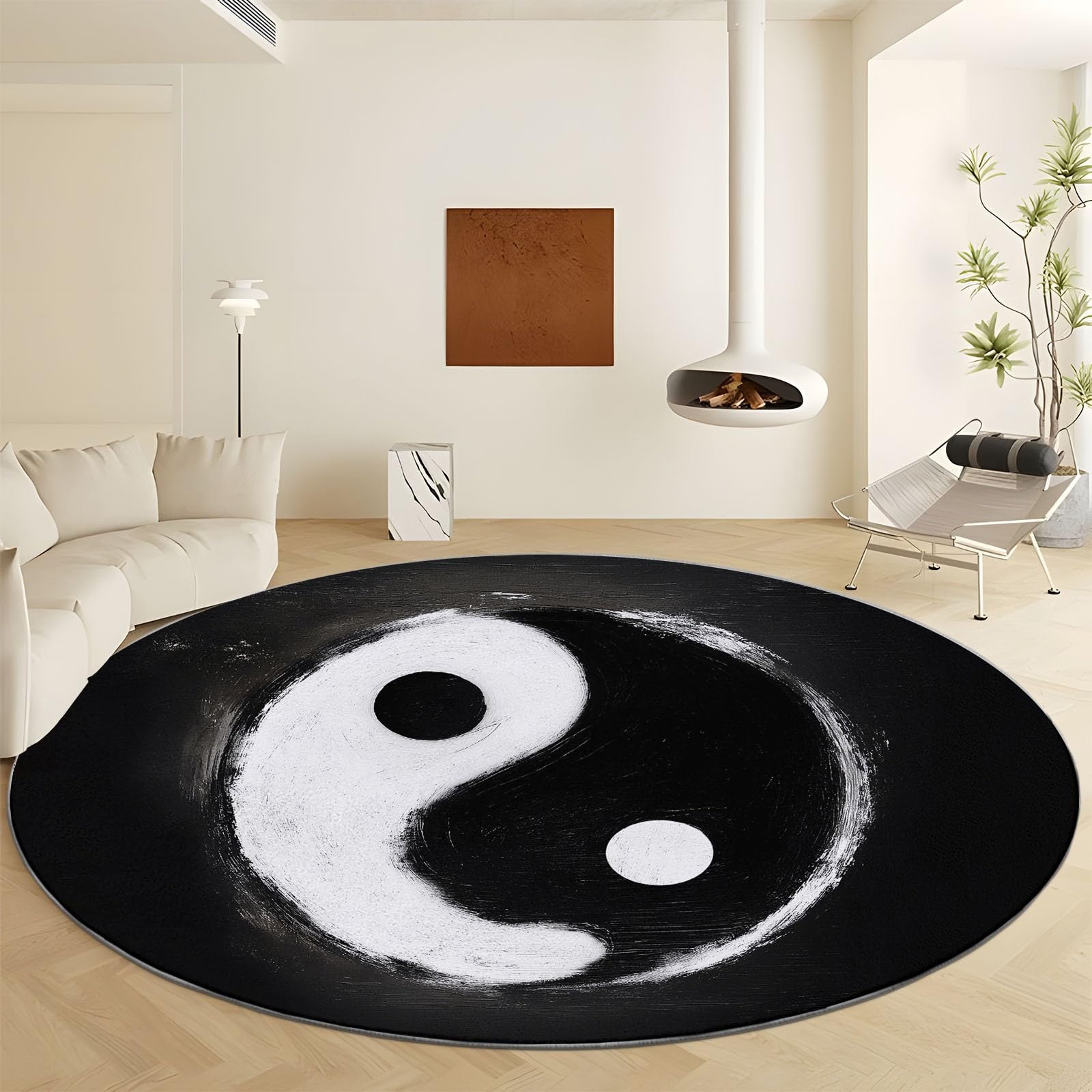 Round Rug 5ft Black and White Yin and Yang Symbol Area Rugs Washable Rug, Non-Slip Rugs for Living Room, Rugs for Bedroom, Circle Rug Low Pile Soft