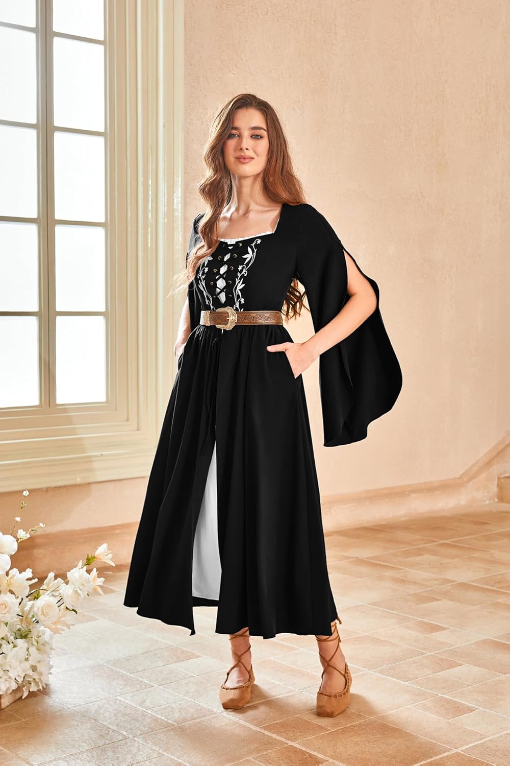 Scarlet Darkness Women's Medieval Renaissance Costume Dress Long Bell Sleeve Embroidery Cosplay Overdress - Image 6