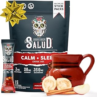 Salud 2-in-1 Sleep Aid + Calm Drink Mix, Punch Ponche Flavor, Melatonin, Magnesium, Saffron Extract, L-Theanine, Non-GMO, Gluten Free, Vegan, Low Calorie, 1g of Sugar (15 Servings)
