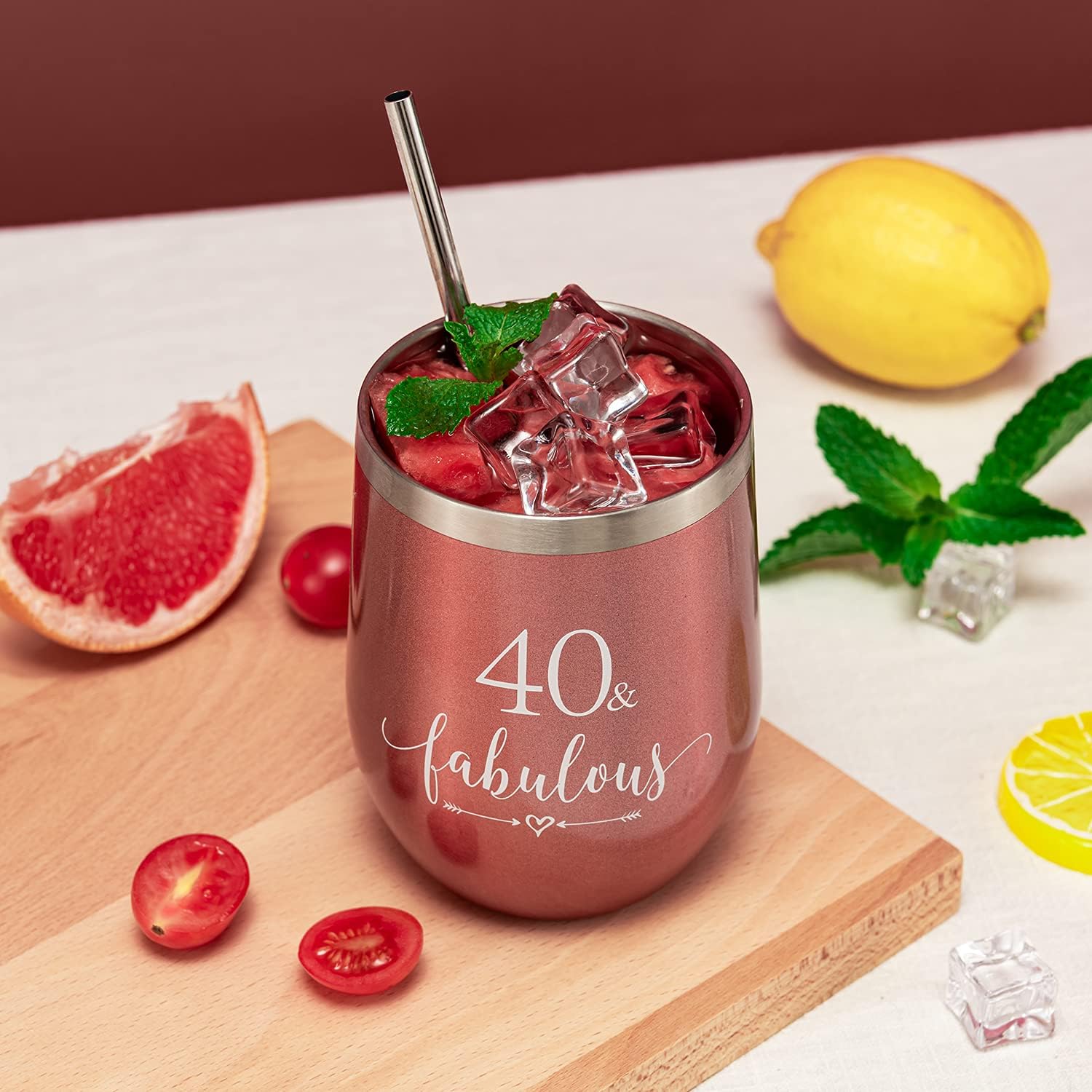 Crisky Rose Gold 40 & Fabulous Wine Tumbler for Women 40th Birthday Gifts for Women, Wife, Mom, Sister, Aunt, Friends, Coworker Her, Vacuum Insulated Coffee Cup,12oz with Box, Lid, Straw - Image 4
