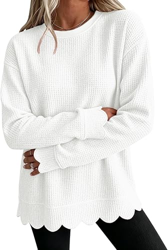 Lightweight Sweatshirts for Women Stylish Waffle Knit Scalloped Sweatshirt