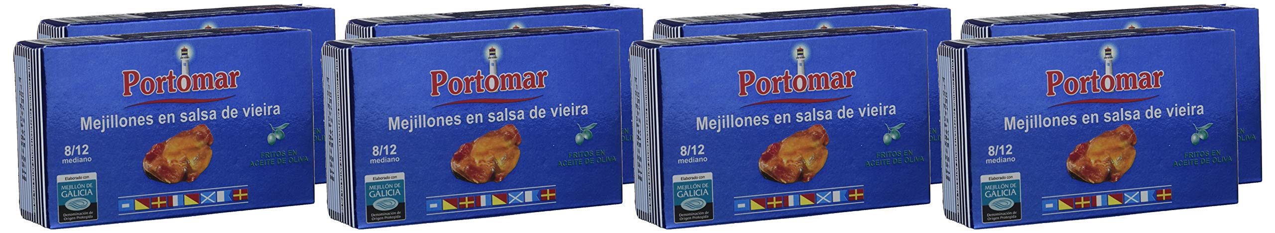 Mejillones de las Rías Gallegas en salsa de vieira -8-12 pzs/lata-Portomar-Pack 8 x 111gr-total= 888gr.