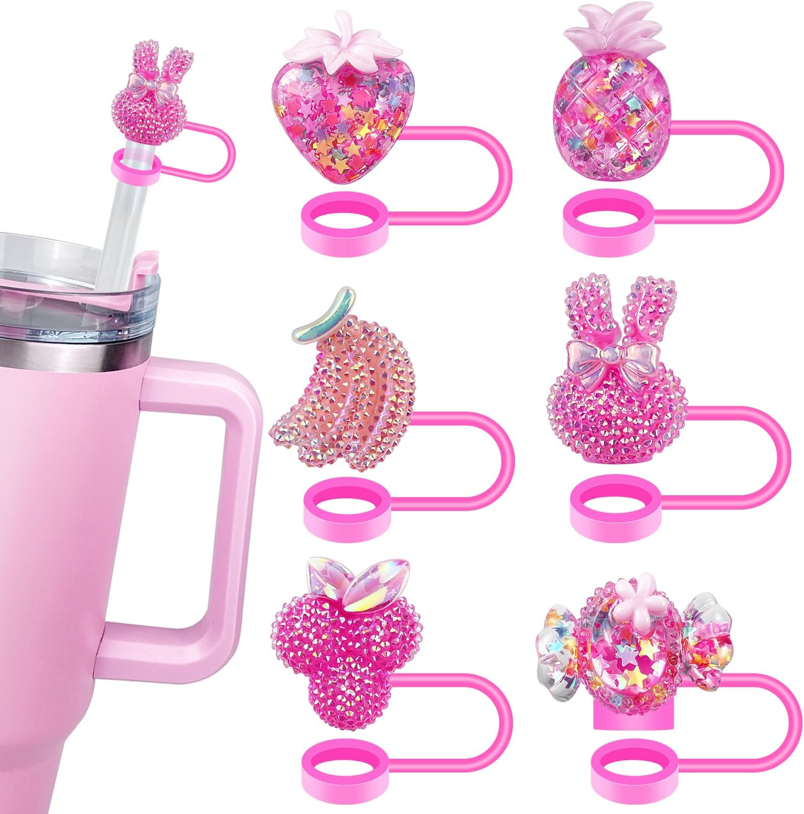 6PCS Pink Straw Caps Funny Fruit Straw Cover for Stanley 40oz/30oz Reusable Topper Cups Accessories Diamond for Girl Birthday Gift Ideas
