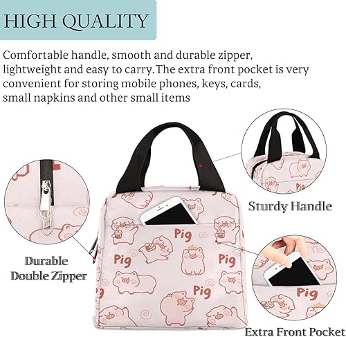 Vista 2 de Bolsa de almuerzo de cerdo para mujer, bolsa de almuerzo aislada, bonita bolsa de almuerzo rosa, bolsa de almuerzo reutilizable, bolsa de almuerzo
