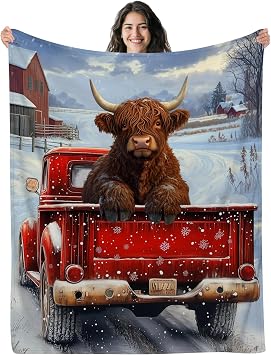 Highland Cow Blanket, Brown Cow in Red Truck, Womens Gift, Winter Snowflakes Farmhouse Decor, 50"x40"