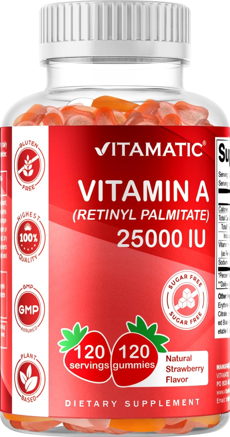 Vitamatic Vitamin A 25000 IU (Sugar Free Retinyl Palmitate), 120 Gummies | High Potency Vitamin A Support, Natural Strawberry Flavor, Pectin Based, Non GMO, Gluten Free
