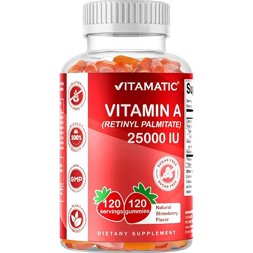 Vitamatic Sugar Free Vitamin A 25000 IU Gummies (Retinyl Palmitate) - Natural Strawberry Flavor - 120 Pectin Based Gummies