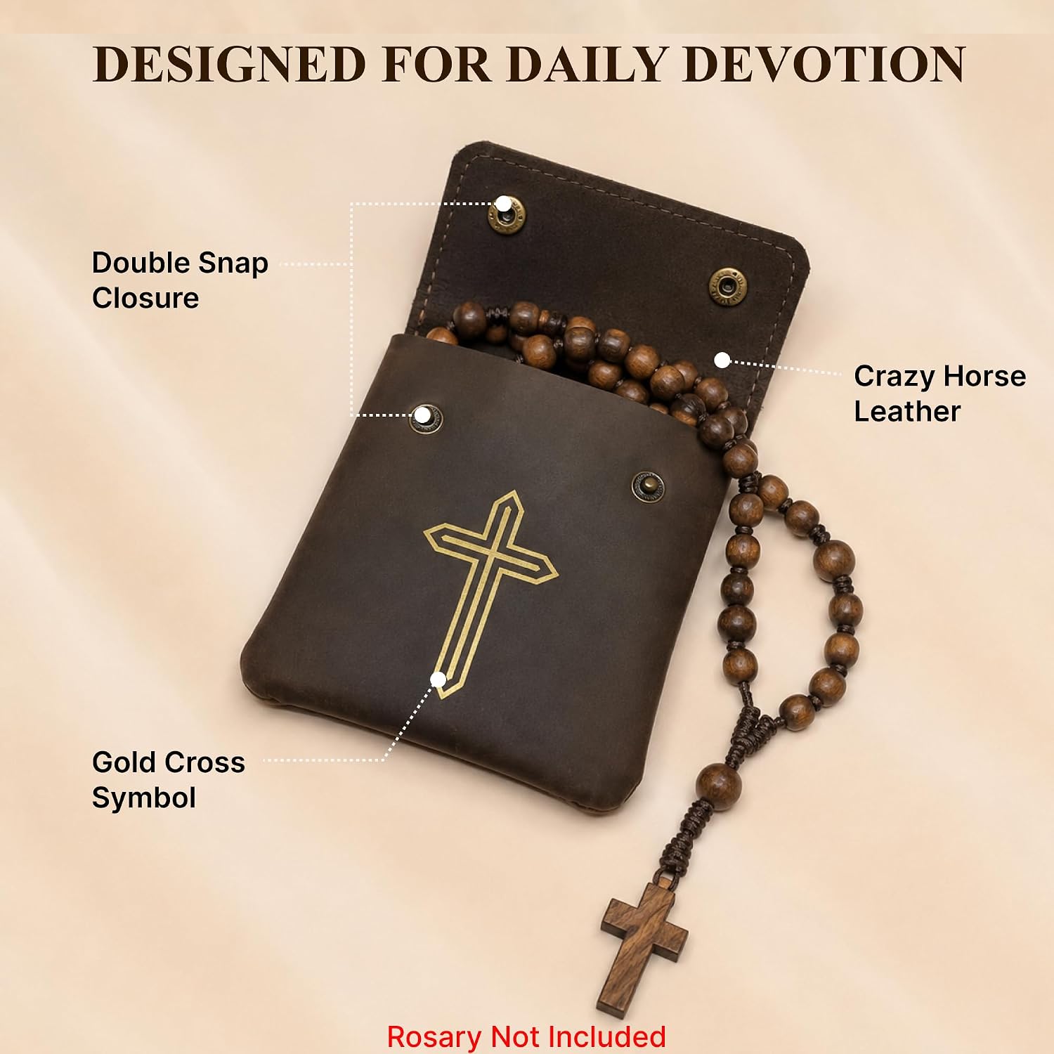 Genuine Leather Rosary Pouch – Compact Prayer Beads Case with Double Snap Closure 3.5" x 3.5" – Small Leather Holder for Religious Items & Keepsakes (Rosary not included), Brown
