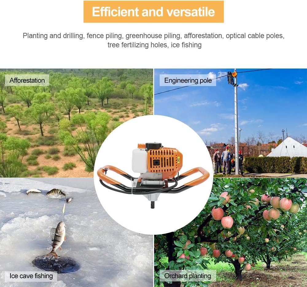 Fence Earth Auger, Petrol Borer 52cc 2-Stroke Post Hole Digger+Drill Bits 4" 6" 8" Bar Single Cylinder Air-Cooled System One Man Fence Earth Auger (US Stock) (2.3HP)