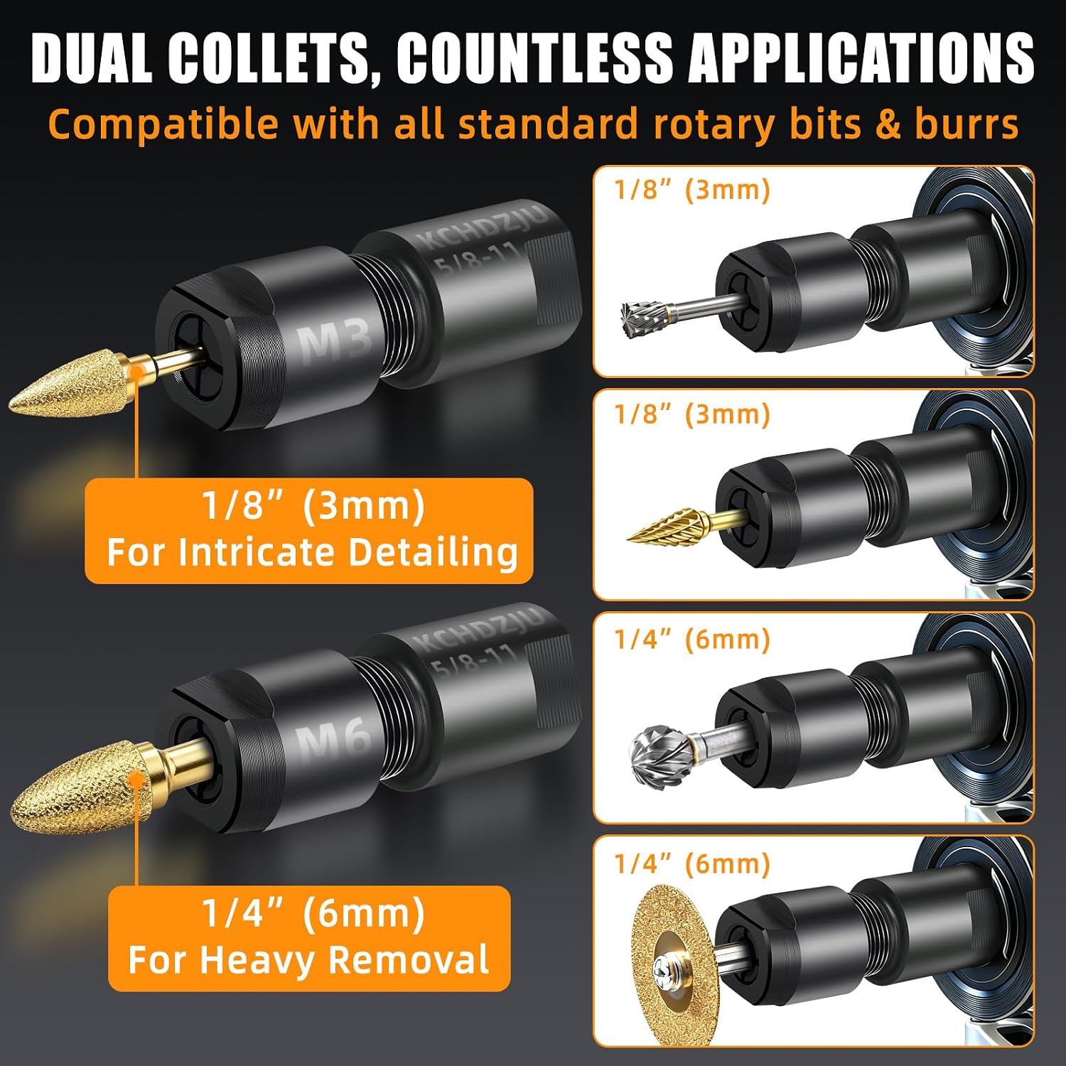 2Pcs Angle Grinder to Die Grinder Adapter, 5/8"-11 Thread Converter with 1/4" & 1/8" Collet Chuck, Heavy Duty Extension Rod for Wood Carving Metal Polishing Rotary Burrs