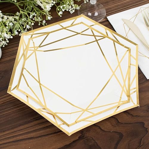 Miniatura 6 de Efavormart - Paquete de 25 platos de papel hexagonales de postre blancodorado de 7 pulgadas, platos de aperitivos, platos desechables para fiestas