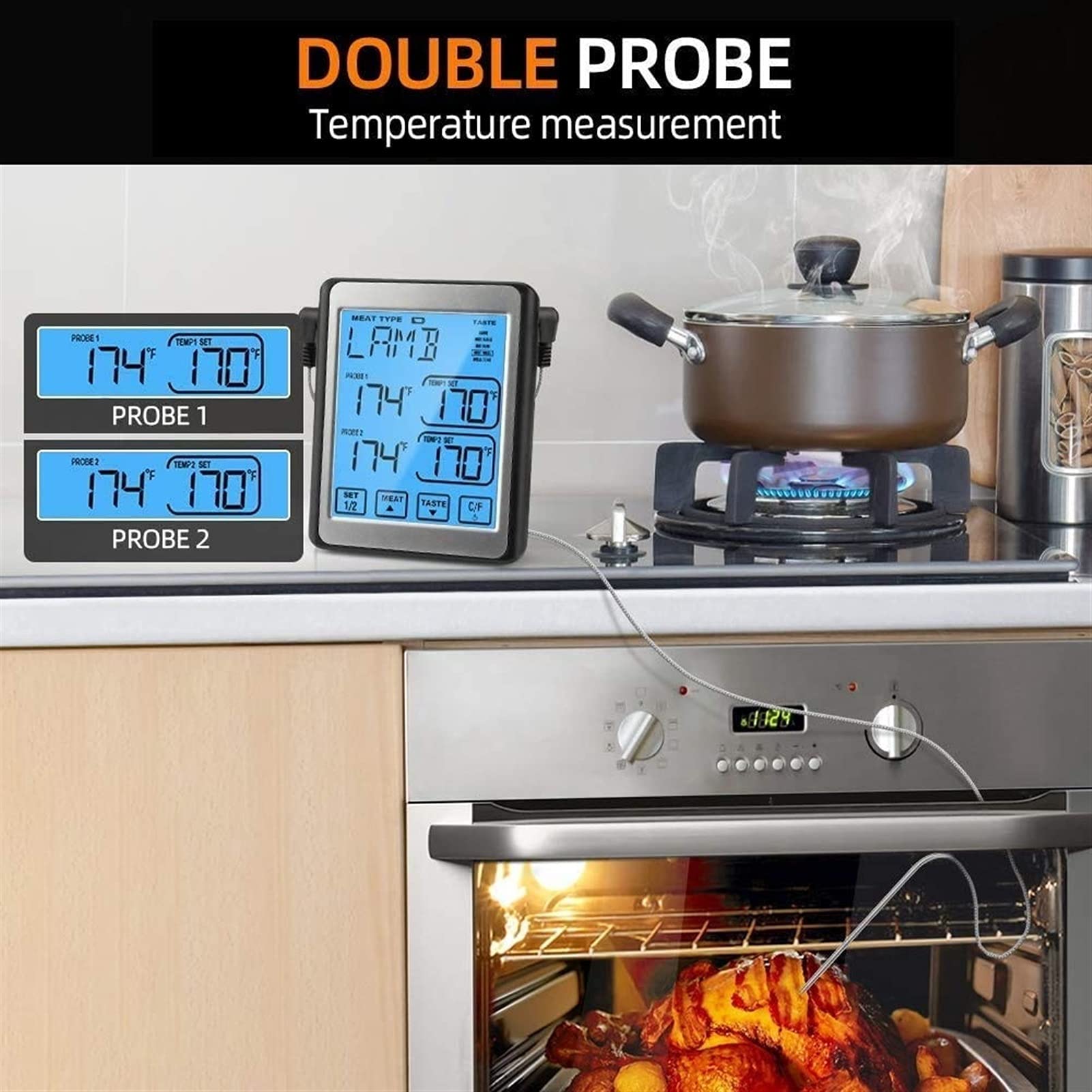 XMING Termómetro de Carne Digital Dual sonda de Cocina Barbacoa Pantalla táctil del termómetro LCD Alarma de Temporizador de retroiluminación
