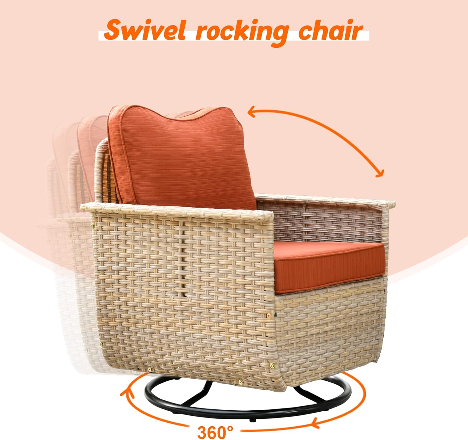 HOOOWOOO Patio Furniture With Fire Pit Table 7 Pieces Outdoor Furniture Set with Swivel Chairs Patio Set with Fire Pit Patio Furniture Set Wicker Patio Conversation Set,Beige Wicker Orange Red Cushion