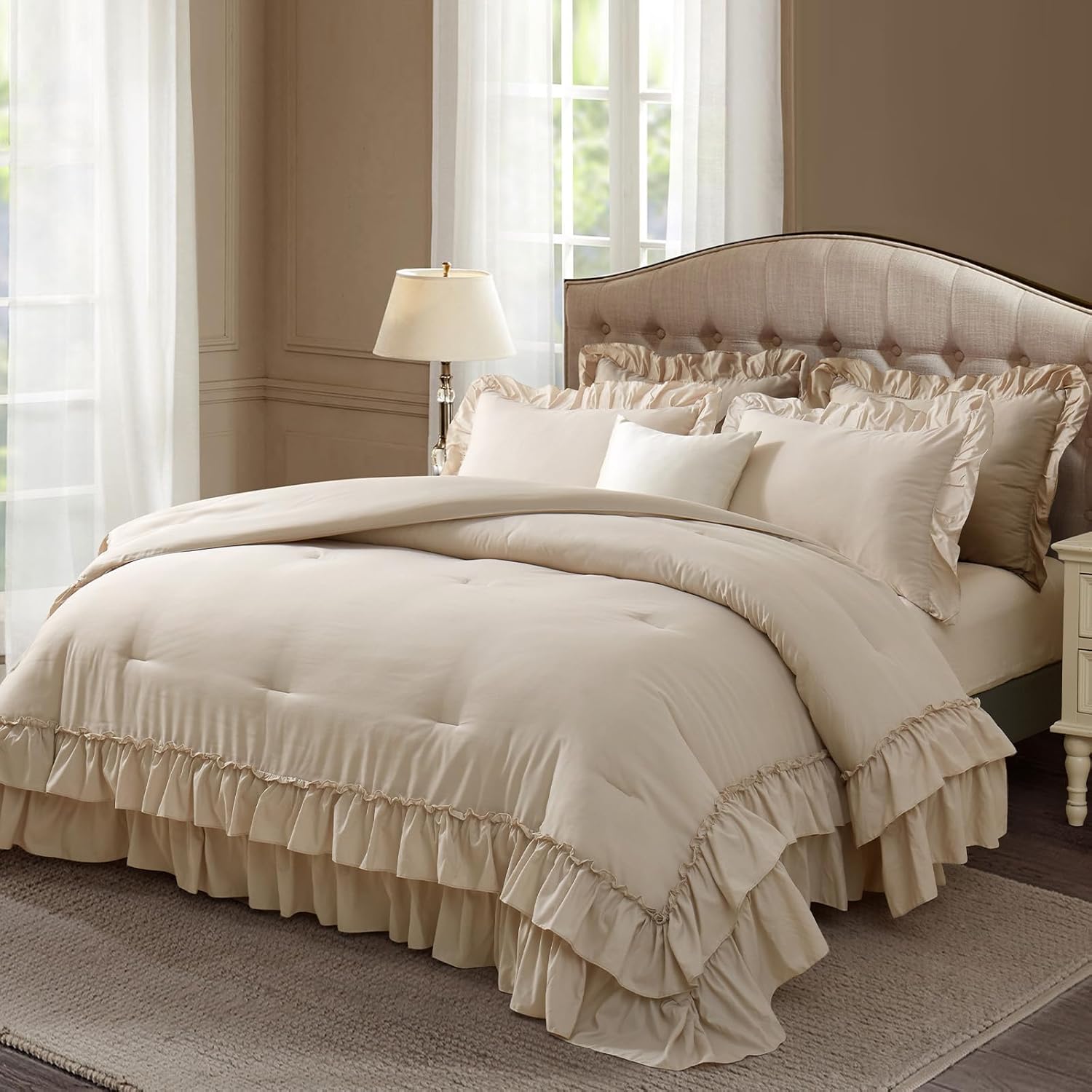 California King Size Comforter Set Beige, Lightweight Fluffy Farmhouse Ruffle Bed Set, Soft Microfiber All Season Shabby Chic Bedding Set 3 Pieces(1 Ruffle Comforter 2 Pillowcases)