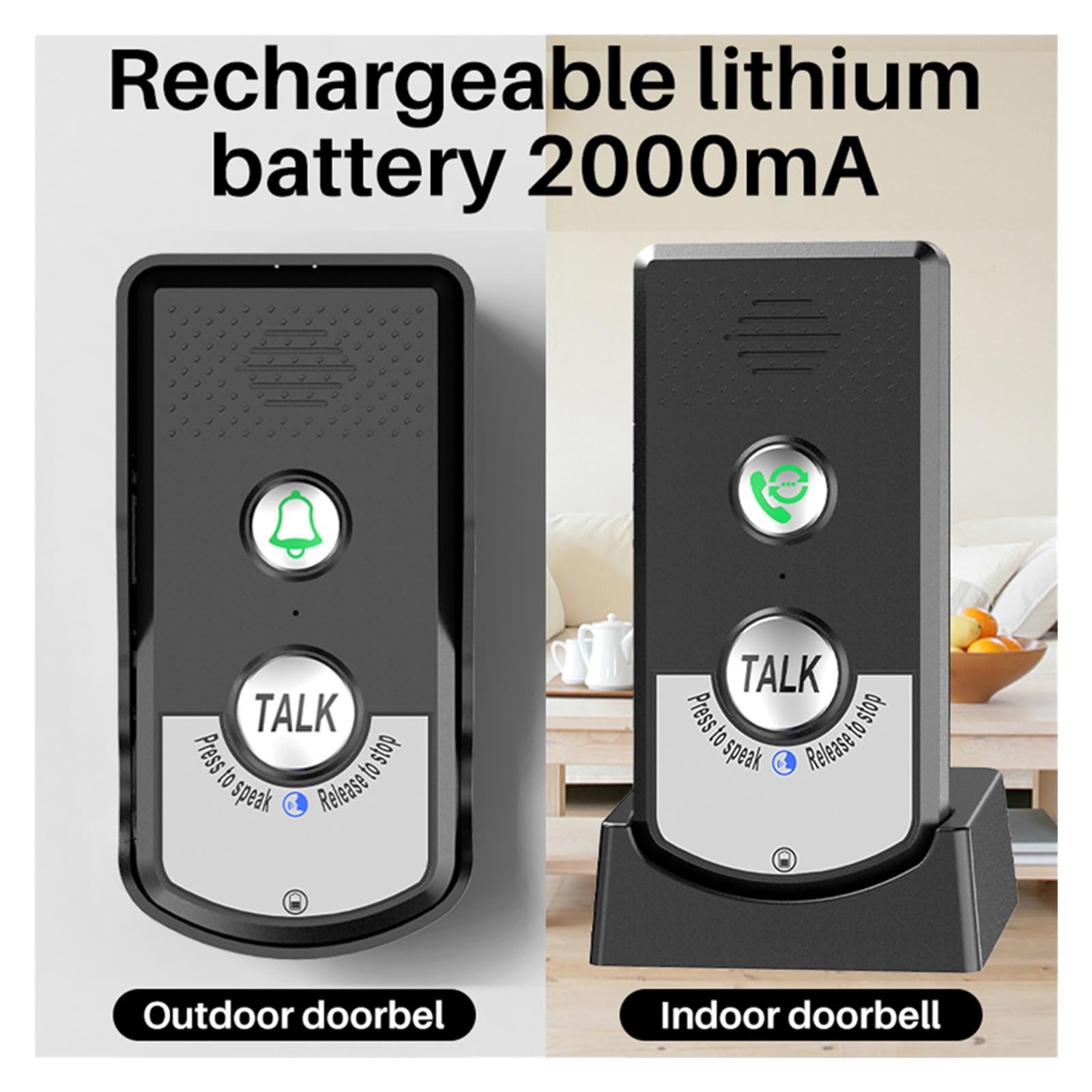 THikk Carillon de Sonnette de Porte Intelligent étanche, Rechargeable, interphone 1.5km, Appel Vocal, Kits de Boutons UV Longue Distance for intérieur et extérieur(1 to 1 Black)