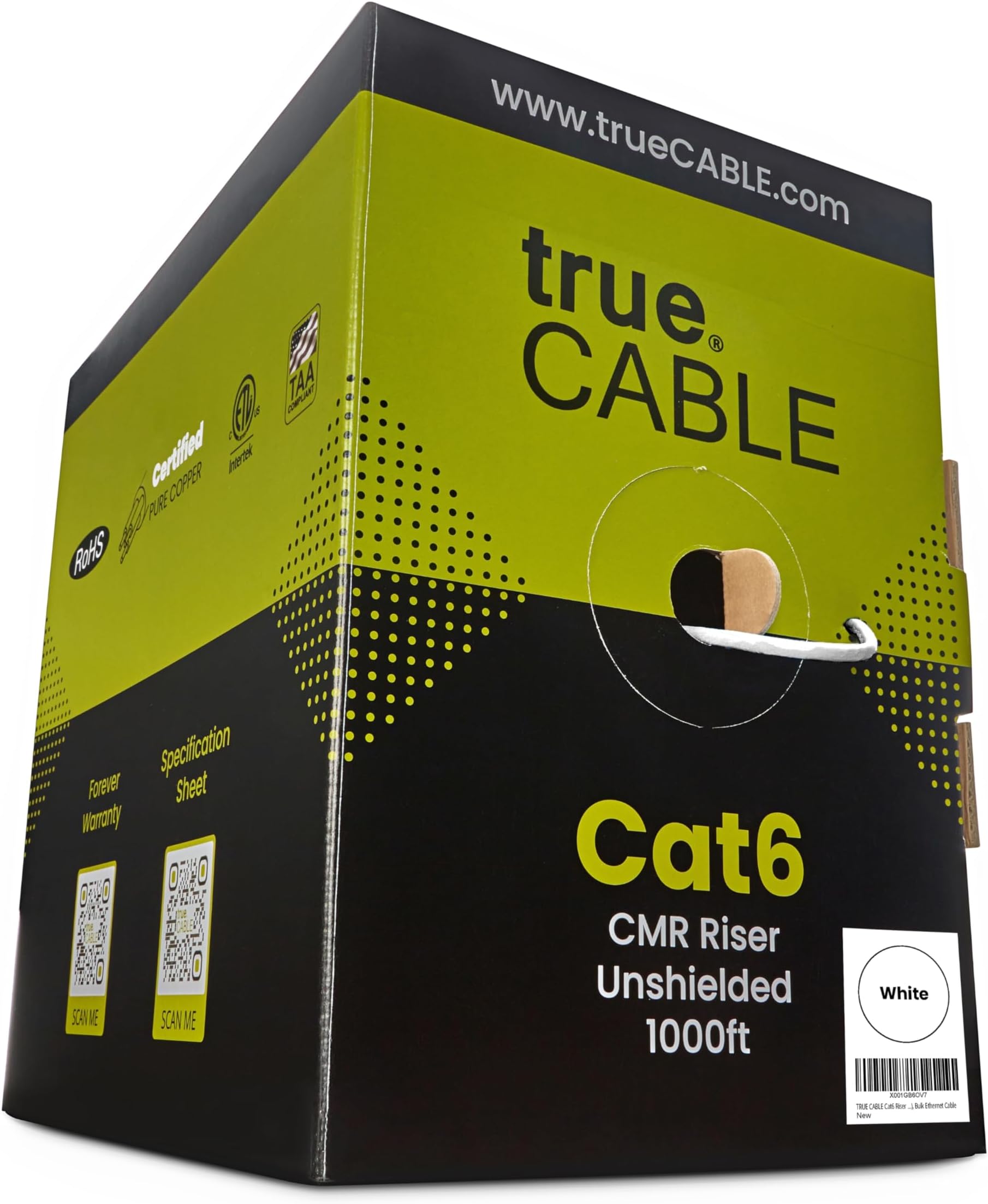 TRUE CABLE Cat6 Riser (CMR), 1000ft, White, 23AWG 4 Pair Solid Bare Copper, 550MHz, ETL Listed, Unshielded Twisted Pair (UTP), Bulk Ethernet Cable