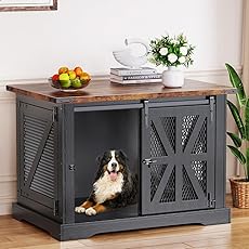 48'' Dog Crate Furniture, Farmhouse Dog Kennel Furniture with Dog Bowl & Storage Drawers, Heavy Duty Dog Cage End Table for Medium Small Dogs, Retro Brown